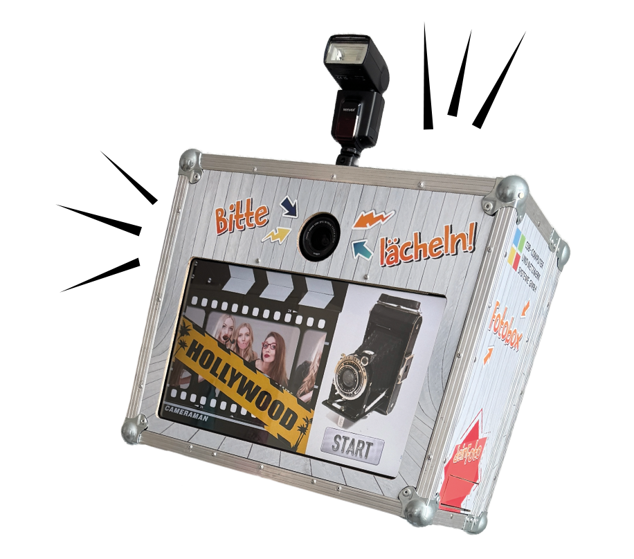 Eine Fotobox mit einer Spiegelreflexkamera und einem Bildschirm